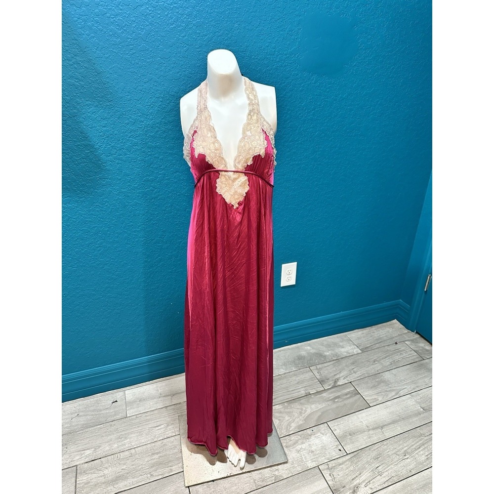 VTG 1970s Pink Kayser Lace Trimmed Satin Nightgown Old Hollywood‎ Glam XS